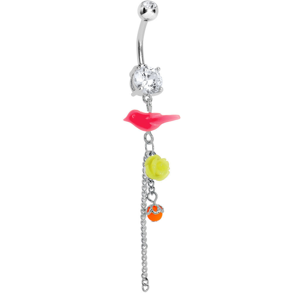 Crystalline Gem Pink Neon Bird Yellow Neon Rose Flower Dangle Belly Ring