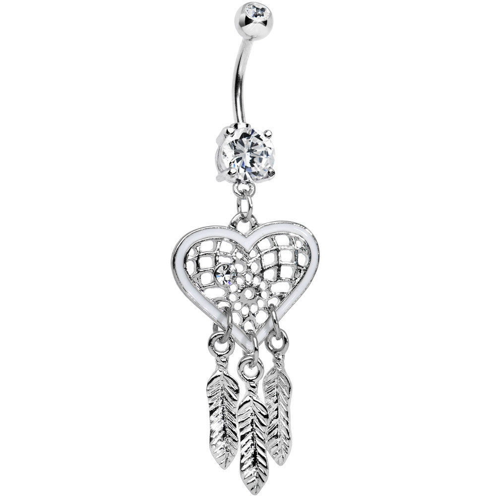 Crystalline CZ White Heart Dreamcatcher Dangle Belly Ring