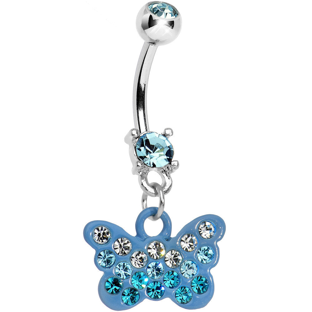 Double Aqua Gem Crystalline Butterfly Dangle Belly Ring