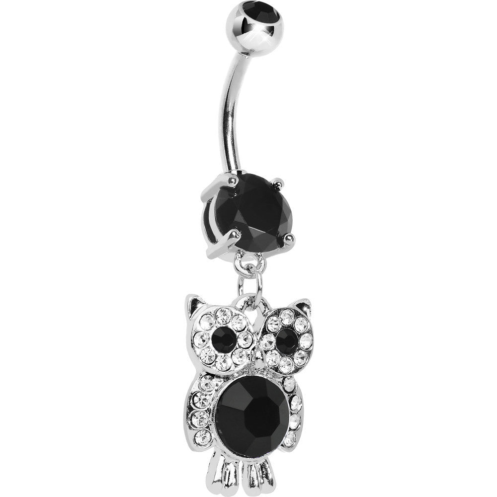 Black Gem Paved Clever Owl Dangle Belly Ring