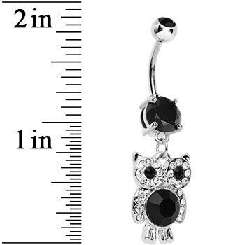 Black Gem Paved Clever Owl Dangle Belly Ring