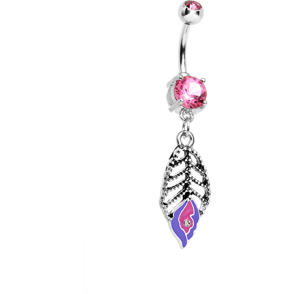 Double Pink Gem Skeletal Leaf Drip Dangle Belly Ring