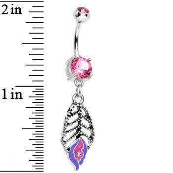 Double Pink Gem Skeletal Leaf Drip Dangle Belly Ring