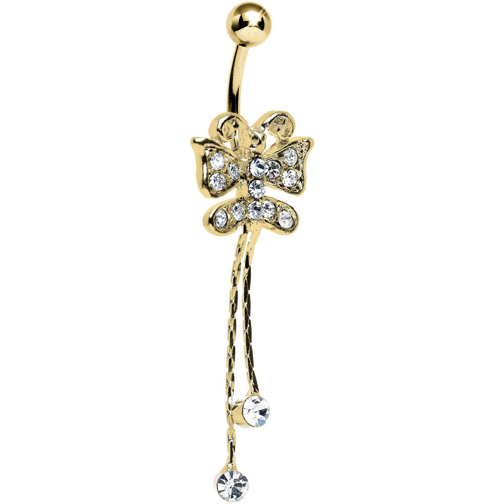 Crystalline Gem Gold Plated Butterfly Bow Dangle Belly Ring