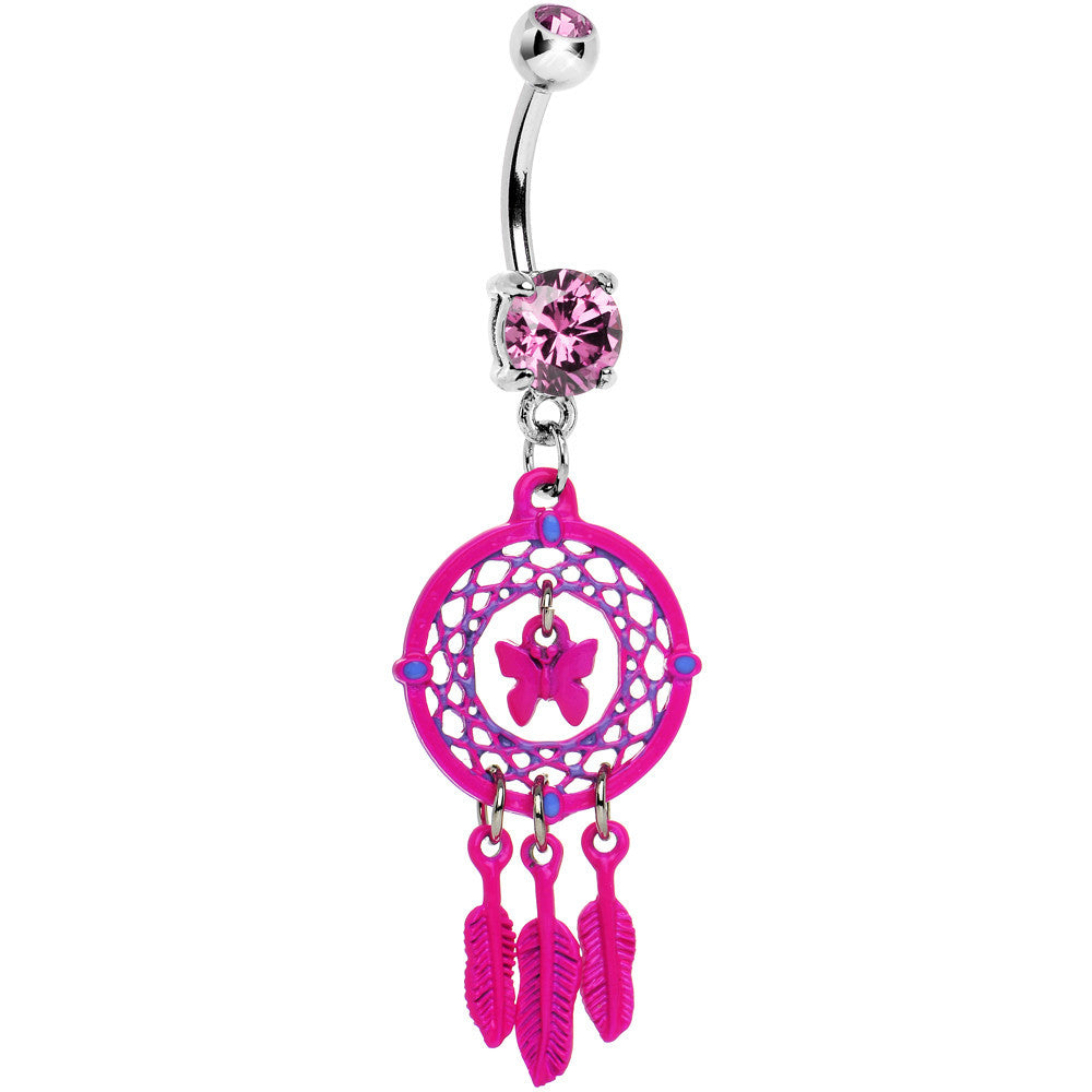 Pink Gem Butterfly Dream Catcher Dangle Belly Ring