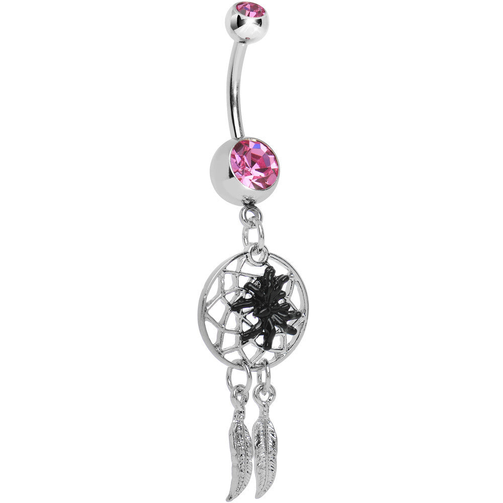 Pink Double Gem Spider Dreamcatcher Dangle Belly Ring