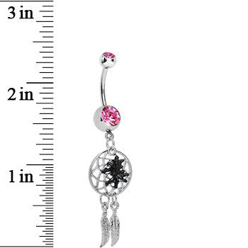 Pink Double Gem Spider Dreamcatcher Dangle Belly Ring