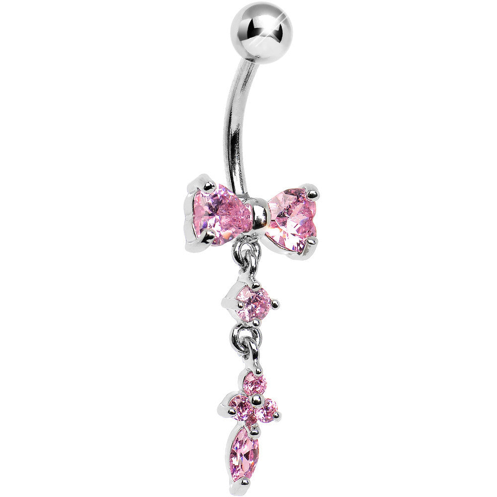 Pink Gem Tied Up Dangle Bow Charm Belly Button Ring