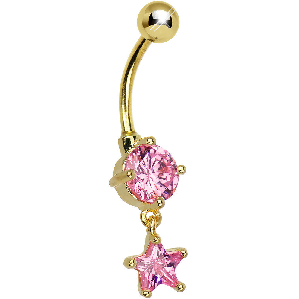 Gold Plated Pink Gem Single Star Drop Belly Ring