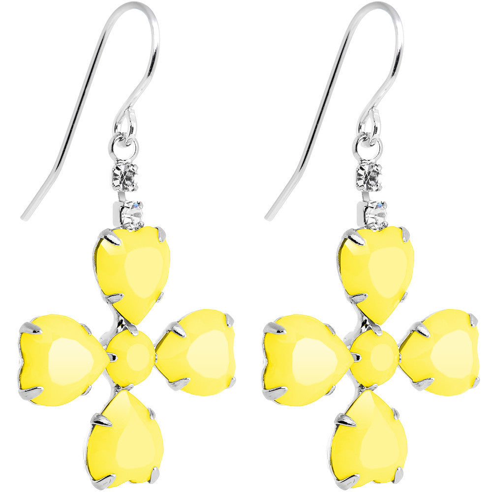 Clear Gem Yellow Neon Four Leaf Flower Dangle Earrings