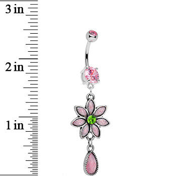 Pink CZ Daisy Flower Teardrop Dangle Belly Ring