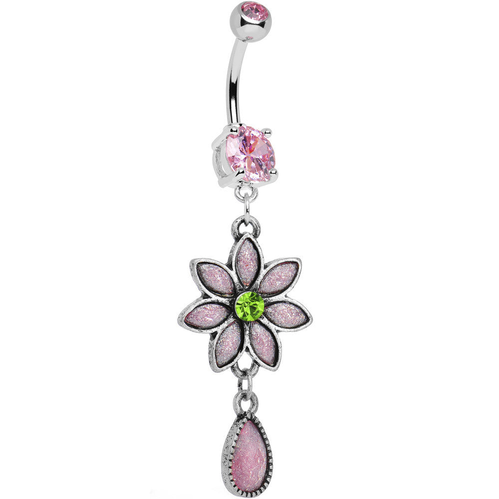 Pink CZ Daisy Flower Teardrop Dangle Belly Ring