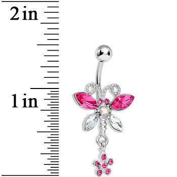 Pink Crystalline Gem Dazzling Dragonfly Flower Dangle Belly Ring