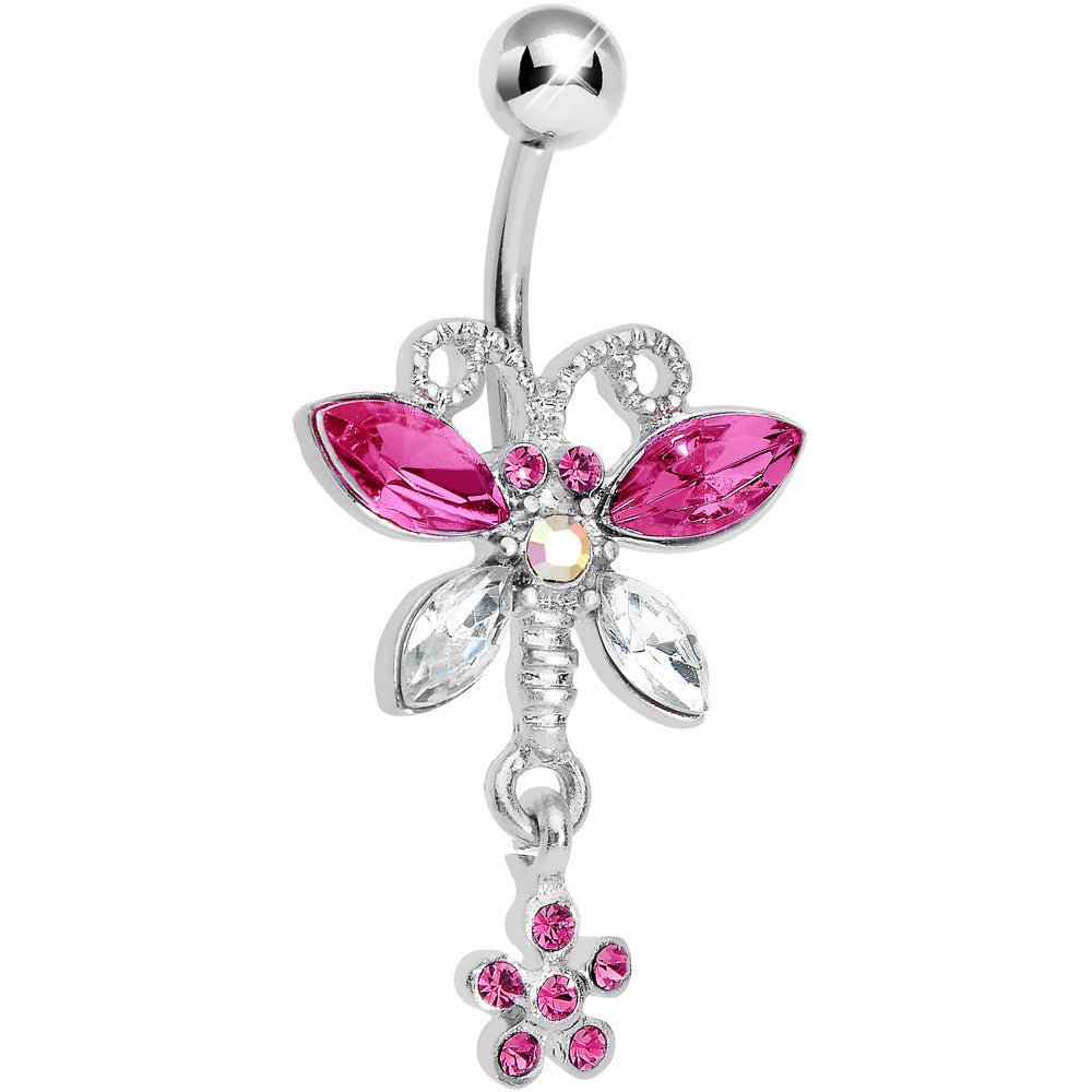 Pink Crystalline Gem Dazzling Dragonfly Flower Dangle Belly Ring
