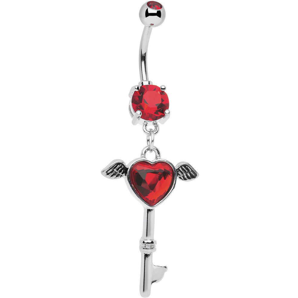 Red Gem Winged Key to My Heart Dangle Belly Ring