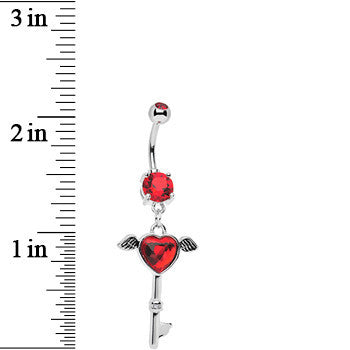 Red Gem Winged Key to My Heart Dangle Belly Ring