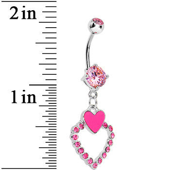 Pink Gem Paved Hollow and Pink Heart Dangle Belly Ring