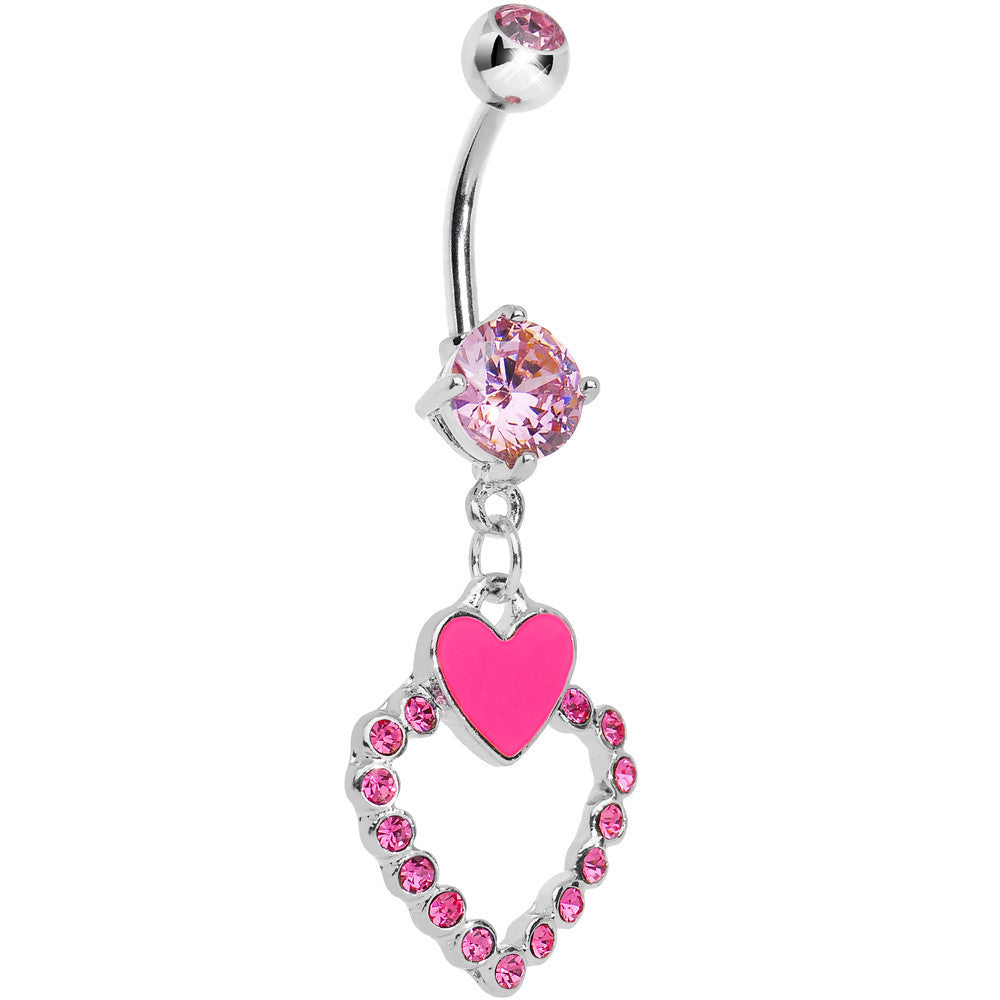 Pink Gem Paved Hollow and Pink Heart Dangle Belly Ring