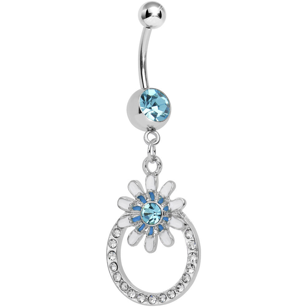 Aqua Crystalline Gem Paved Ring Bursting Flower Dangle Belly Ring