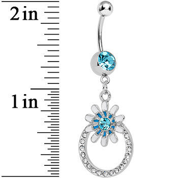 Aqua Crystalline Gem Paved Ring Bursting Flower Dangle Belly Ring