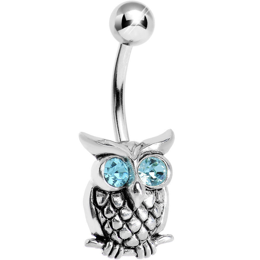 Silver 925 Aqua CZ Eye Wise Owl Belly Ring