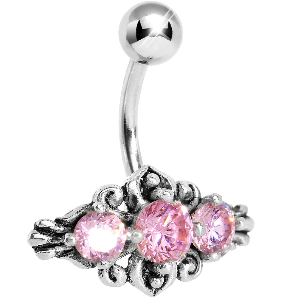 Silver 925 Pink Gem Silver Curlicue Belly Ring