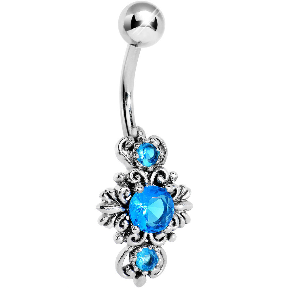 Silver 925 Aqua Gem Silver Scroll Leaf Belly Ring