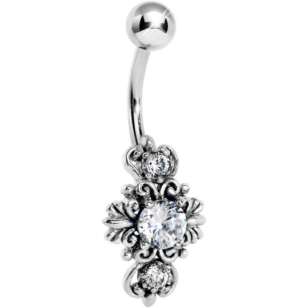 Silver 925 Crystalline Gem Silver Scroll Leaf Belly Ring