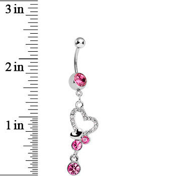 Pink Crystalline Paved Yearning Hearts Dangle Belly Ring