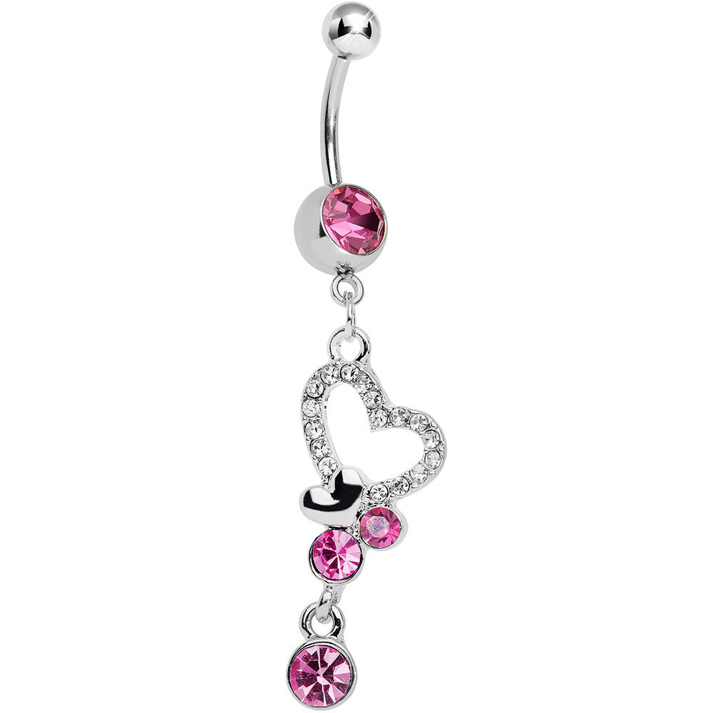 Pink Crystalline Paved Yearning Hearts Dangle Belly Ring