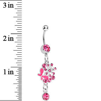 Single Gem Pink Floral Burst Butterfly Dangle Belly Ring