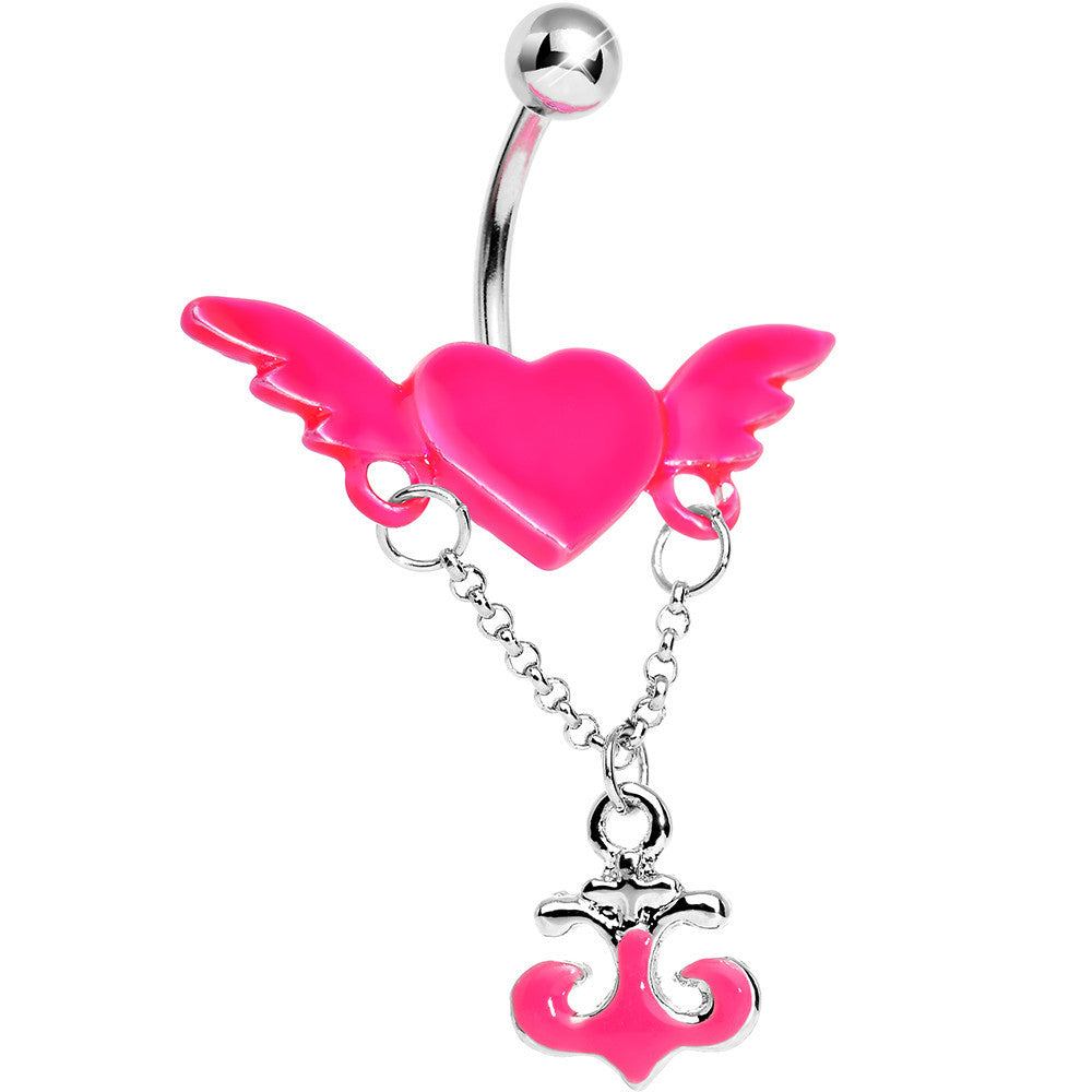 Neon Pink Angel Wing Heart with Nautical Anchor Drop Dangle Belly Ring