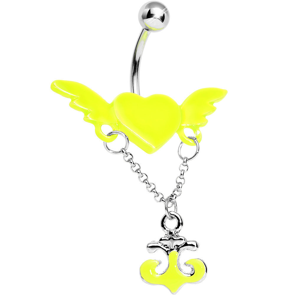 Neon Yellow Angel Wing Heart with Nautical Anchor Drop Dangle Belly Ring