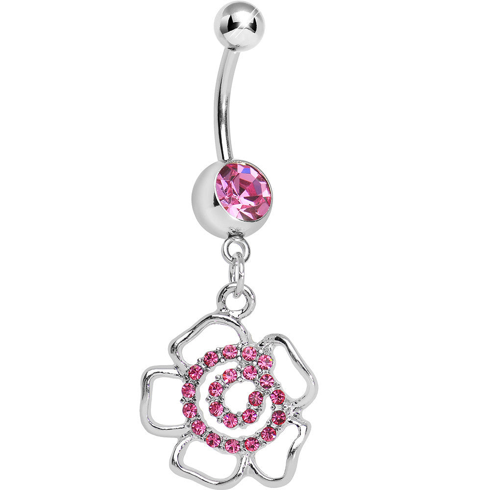 Pink Gem Hollow Spiral Flower Dangle Belly Ring