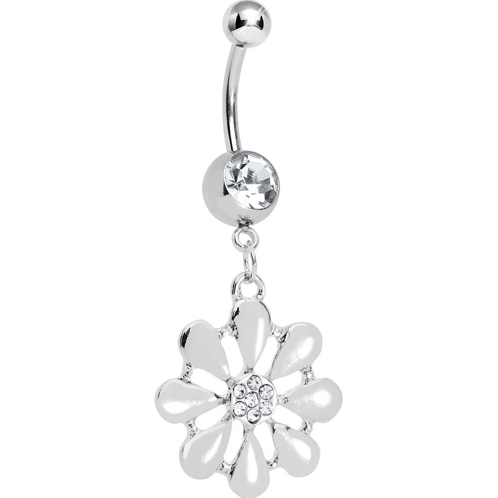 Clear Gem Pretty White Petals Flower Charm Belly Ring