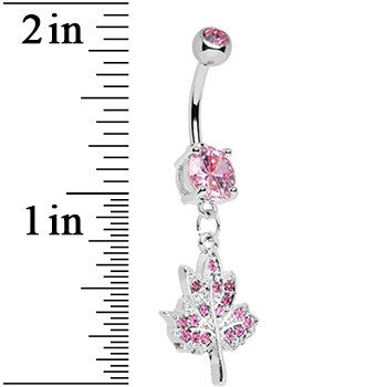 Pink Gem Icy Leaf Drop Charm Belly Ring