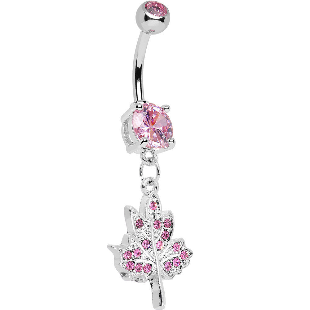 Pink Gem Icy Leaf Drop Charm Belly Ring