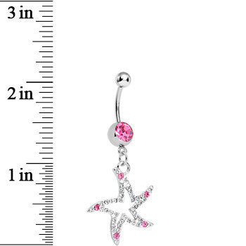 Pink Gem Silvery Starfish Dangle Belly Ring