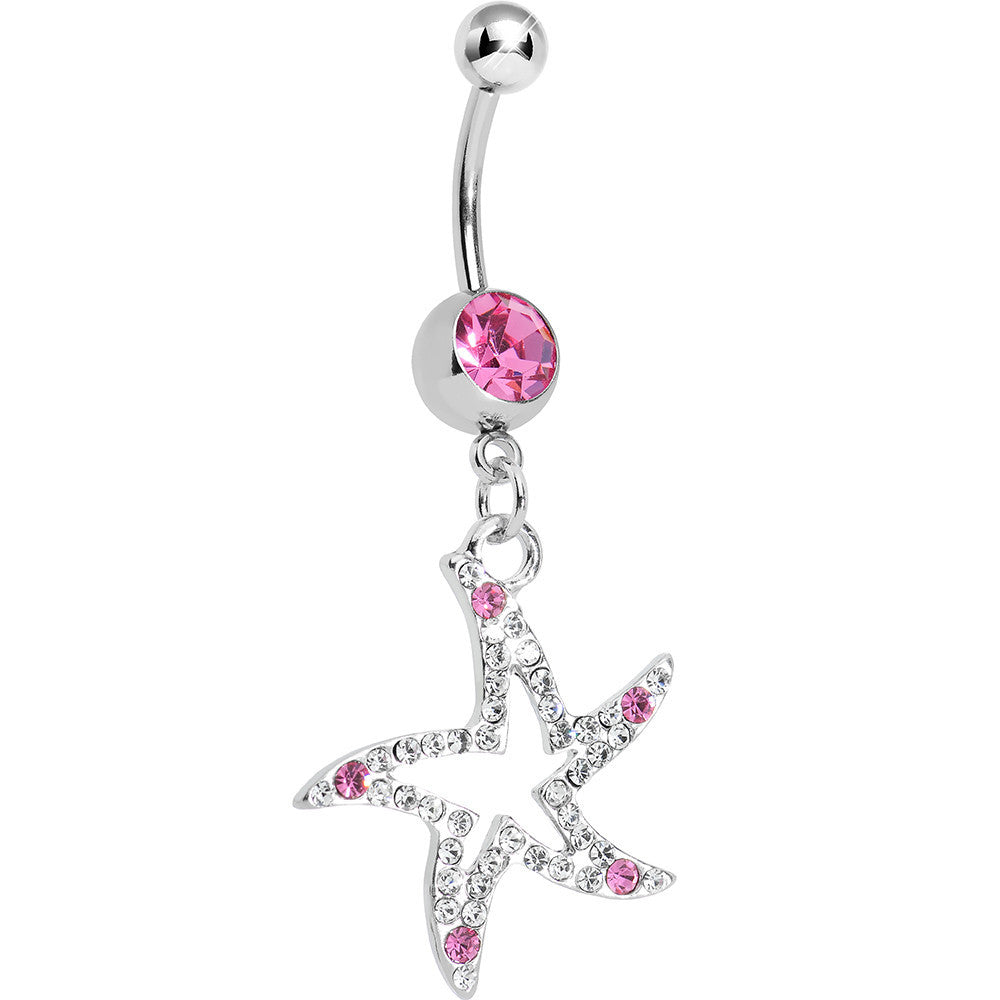 Pink Gem Silvery Starfish Dangle Belly Ring