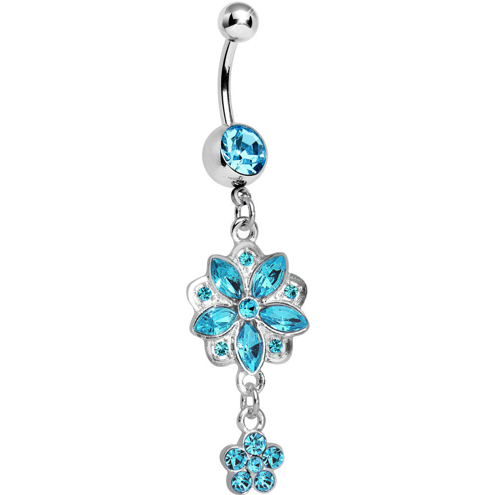 Aqua Gem Child of Flower Double Dangle Belly Ring