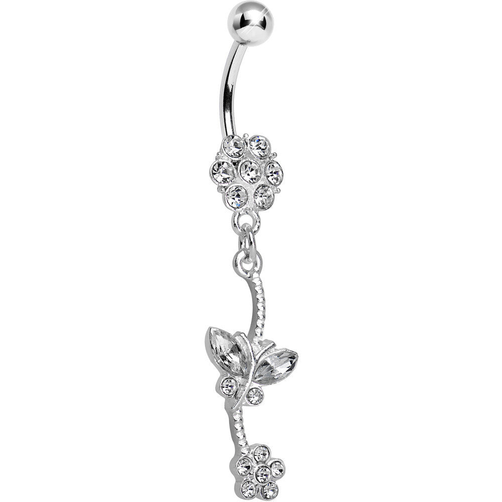 Clear Gem Delicate Delight Butterfly Flower Dangle Belly Ring