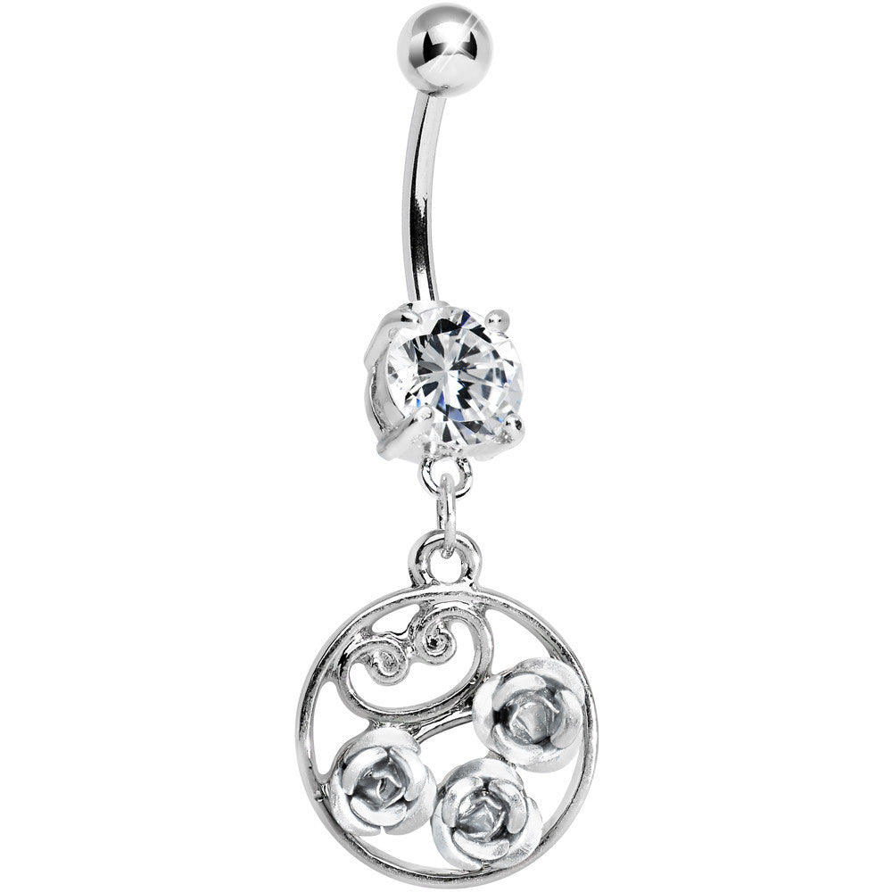 Clear CZ Triple Rose Flower Hoop Charm Dangle Belly Ring