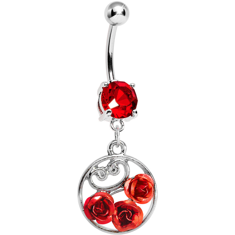 Red CZ Triple Rose Flower Hoop Charm Dangle Belly Ring