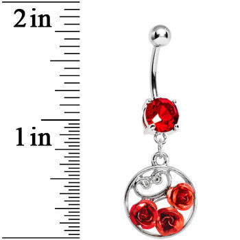 Red CZ Triple Rose Flower Hoop Charm Dangle Belly Ring