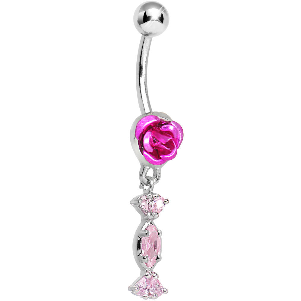 Rose Flower with Pink Gem Candy Wrapper Dangle Belly Ring