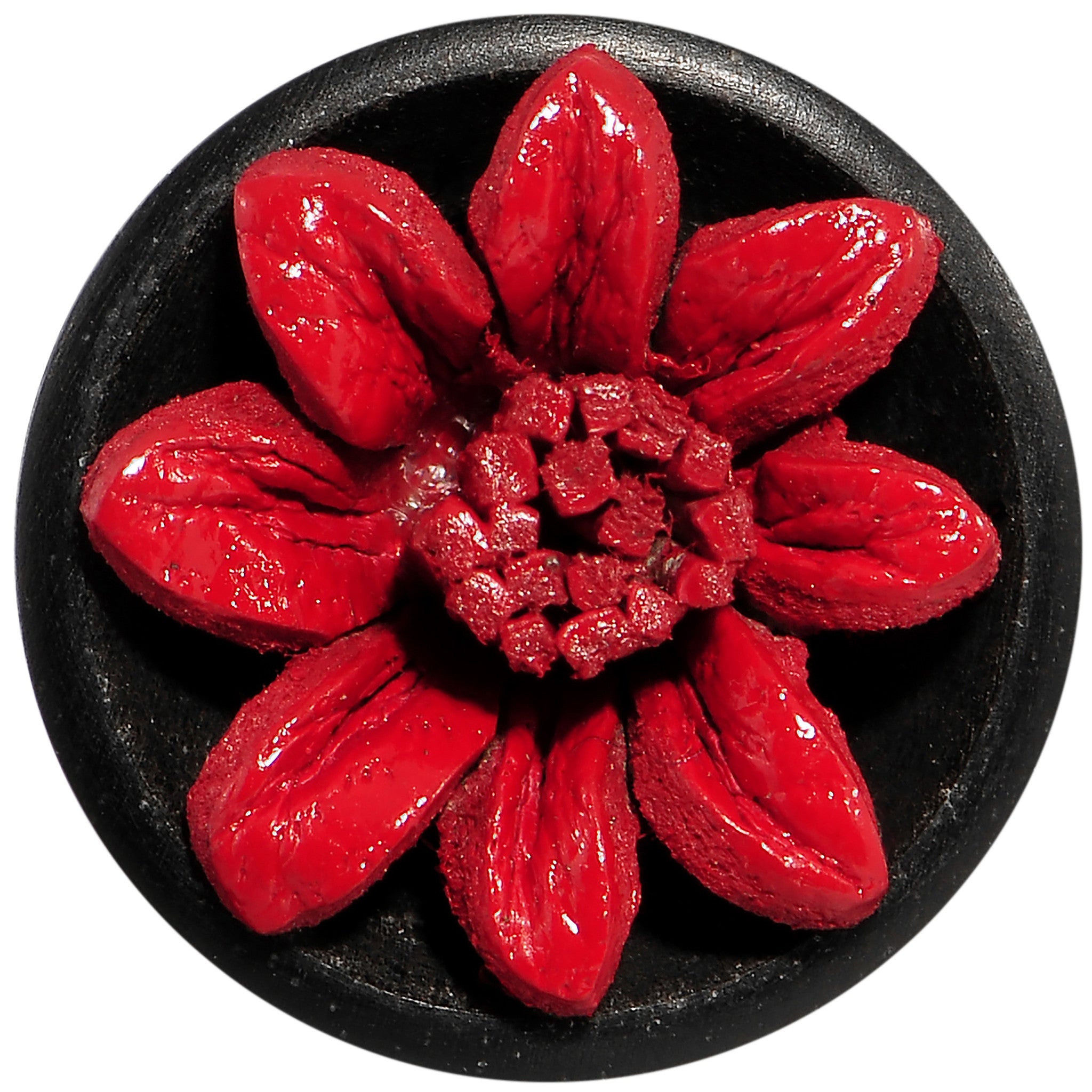 7/16 Organic Double Flare Arang Wood Plug Red Leather Flower