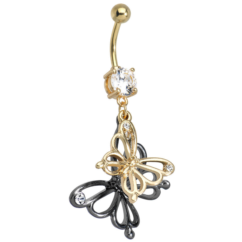 Crystalline Gem Gold Plated Dual Butterfly Dangle Belly Ring