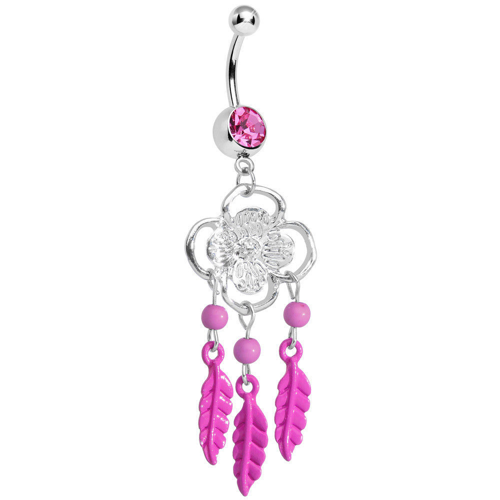 Pink Gem and Feathers Flowered Dreamcatcher Dangle Belly Ring