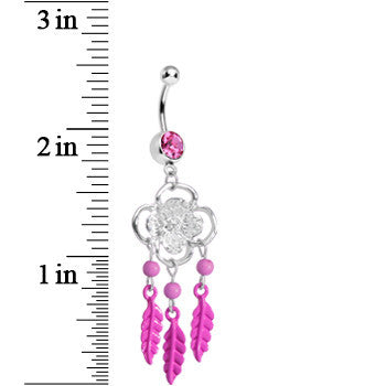 Pink Gem and Feathers Flowered Dreamcatcher Dangle Belly Ring