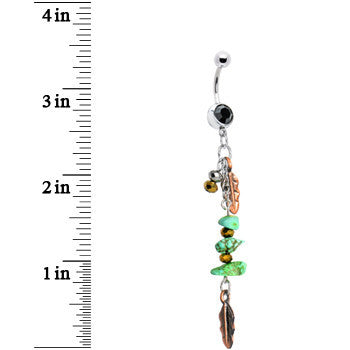 Black Gem Turquoise Copper Feathers Dangle Belly Ring